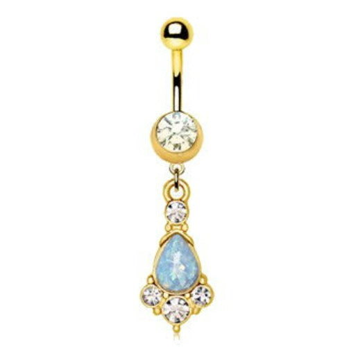 Gold Light Blue Tear Drop Synthetic Opal Dangle Navel Ring