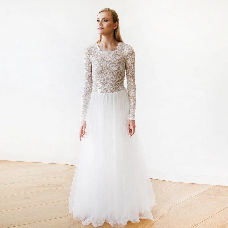 Round Neck-Line Long Sleeves Sheer Lace and Maxi Tulle 1152
