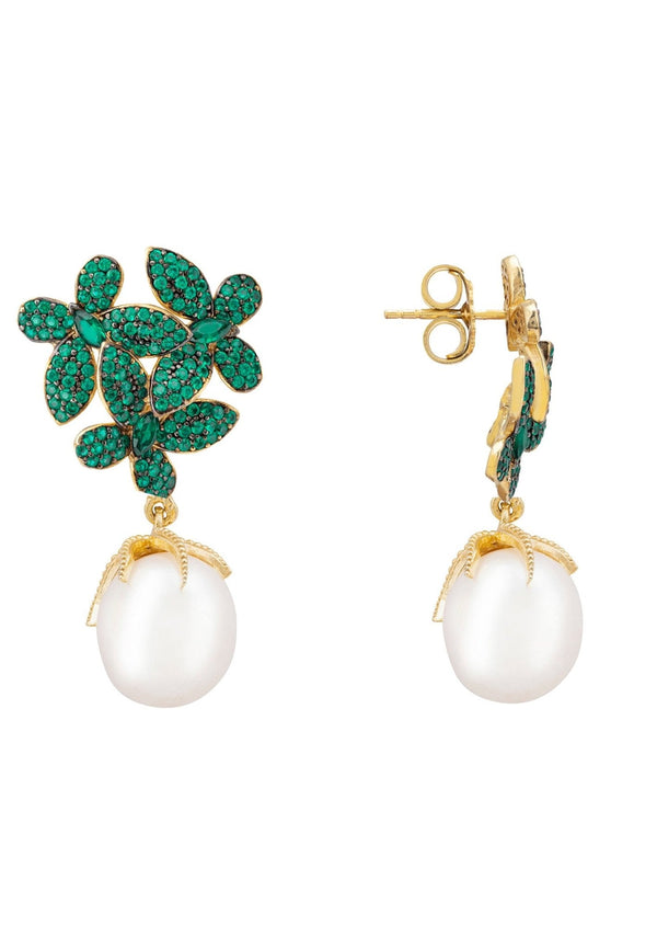 Flowers Baroque Pearl Earrings Emerald Green Gold