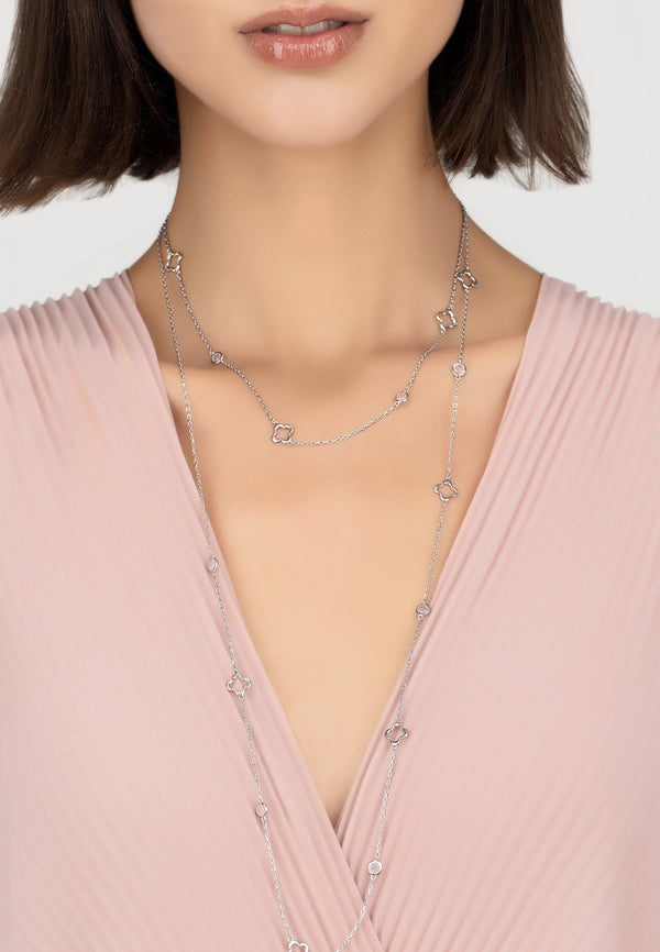 Open Clover Long Gemstone Necklace Silver Rose Quartz
