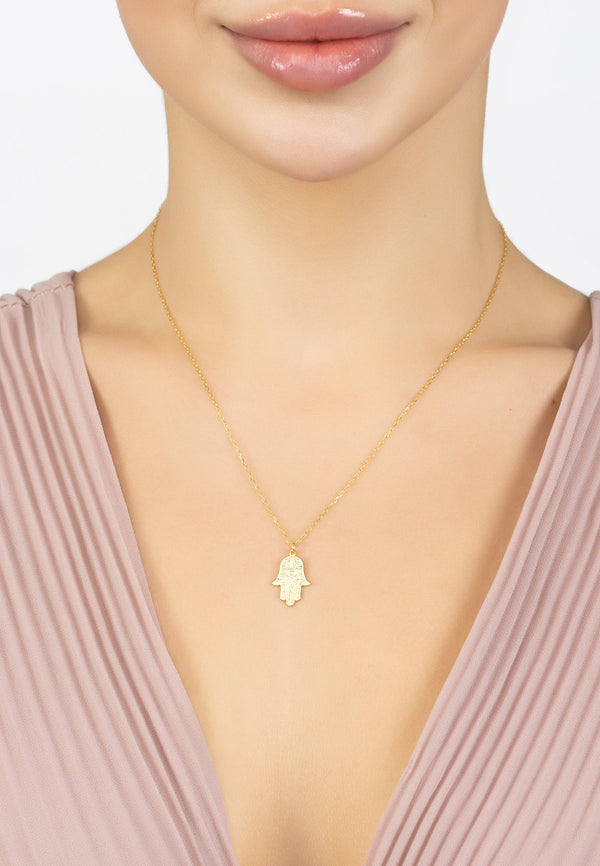 Hamsa Evil Eye Embossed Pendant Necklace Gold