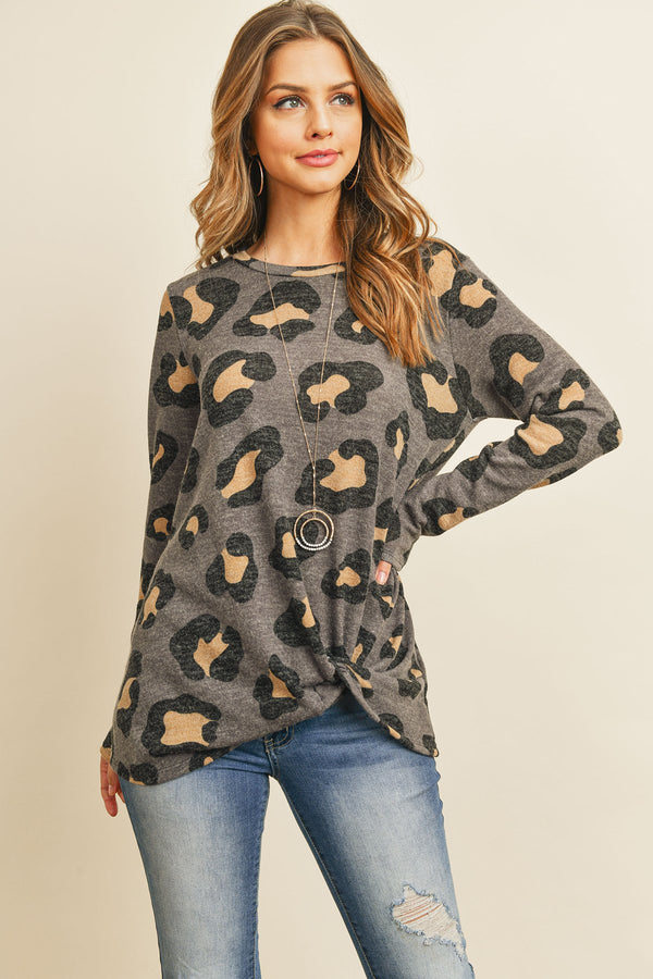 Long Sleeve Round Neck Leopard Knot Top