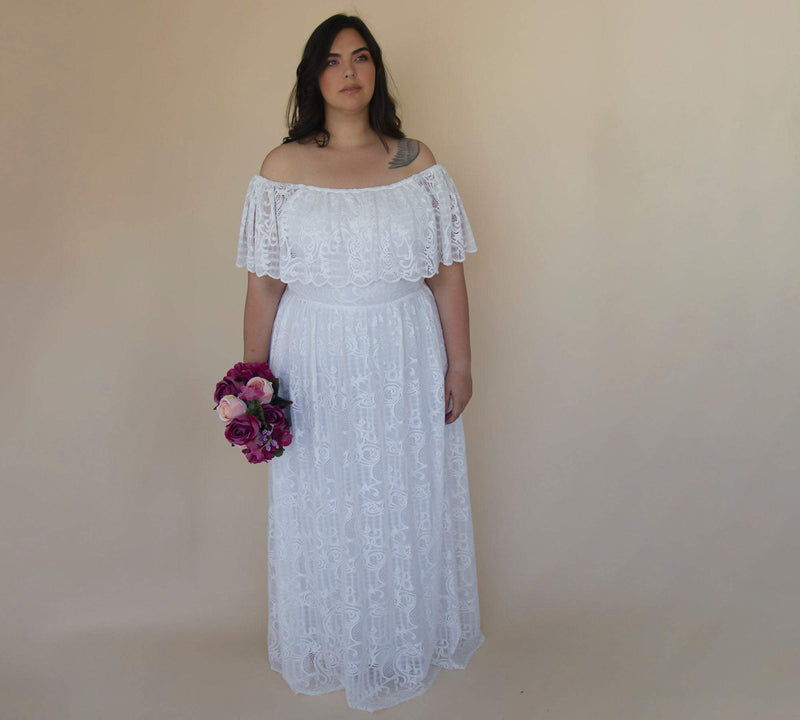 Curvy  Ivory Ruffled Crinkle Off-Shoulder Wedding Dress #1327