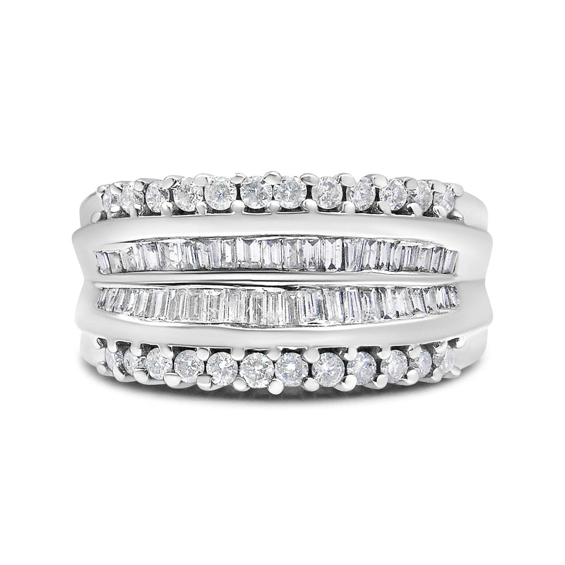 14K White Gold 1.00 Cttw Round and Baguette-Cut Diamond Modern Band Ring (H-I Color, SI2-I1 Clarity) - Ring Size 7