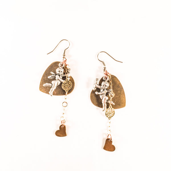 Beautiful Bronze Heart and Cherub Charms Earrings With 18kt Gold Plated Flower Chain.