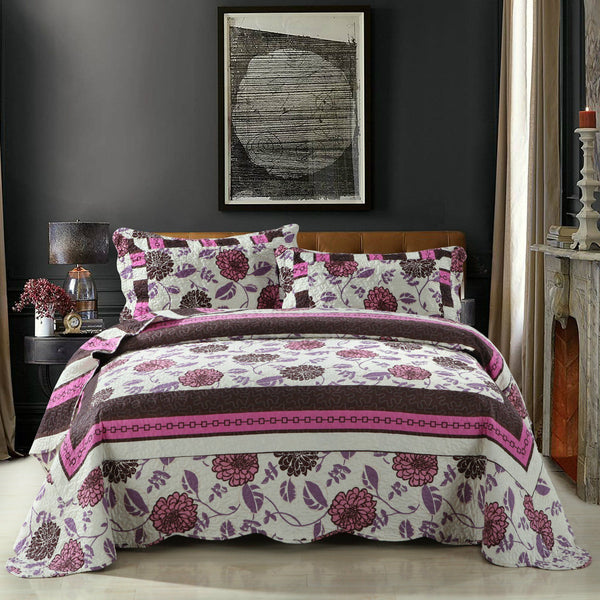 DaDa Bedding Bohemian Floral Chrysanthemum Hot Pink Brown Bedspread Set (KBJ1629)