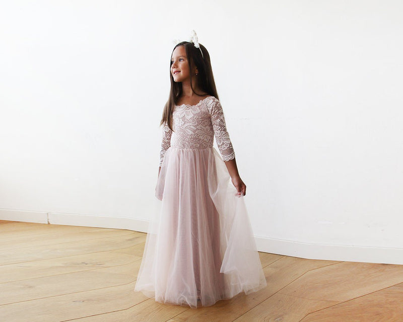 Pink Off-The-Shoulder Lace and Tulle Maxi Flower Girls Gown 5040