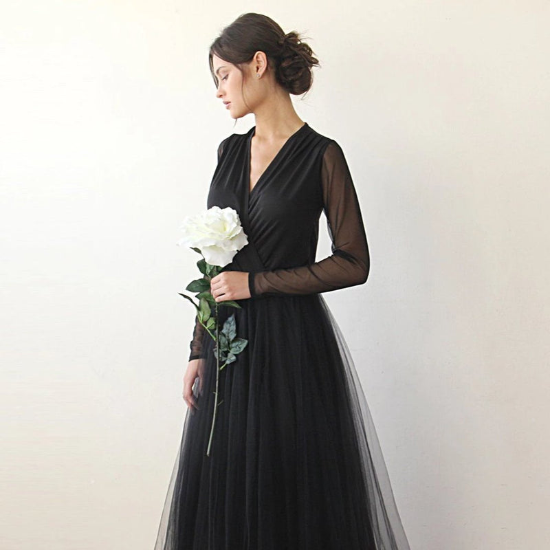 Curvy  Black Wrap Tulle  With Long Chiffon Mesh Sleeves  #1174