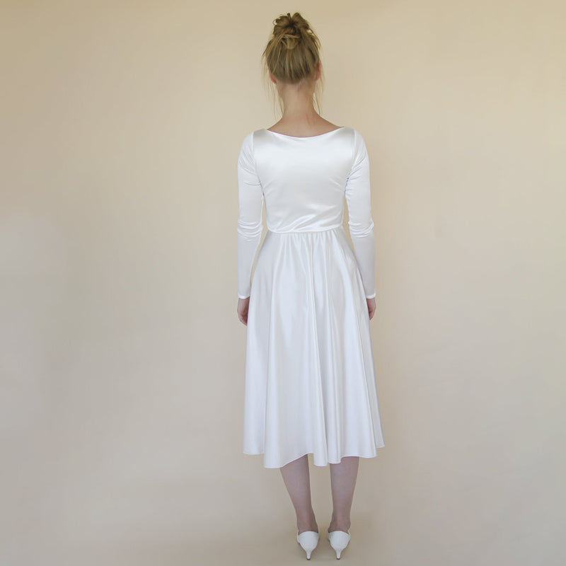Short Wedding Dress, Silky Satin Off the Shoulder Midi Wedding Dress, #1359