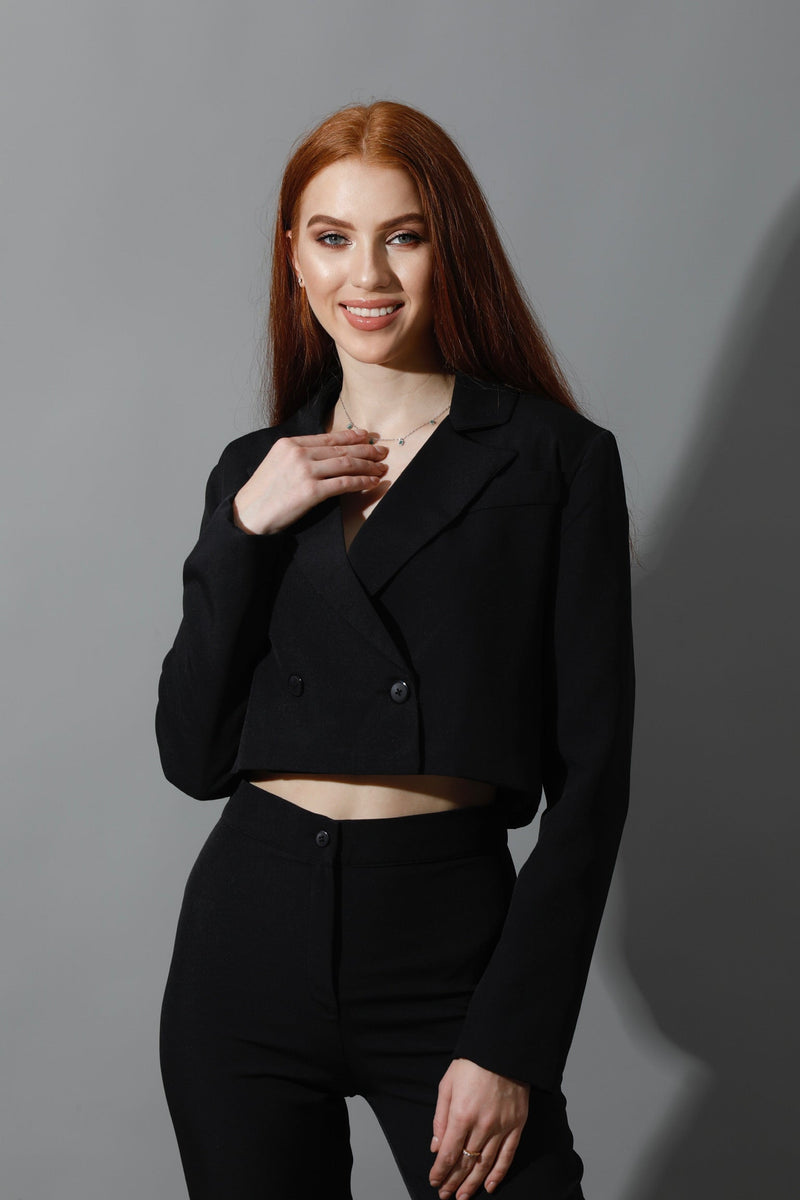 Cropped Double Breasted Suit - Black