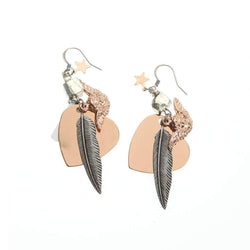Rose Gold and Silver Heart , Feather, Angel Charms Earrings