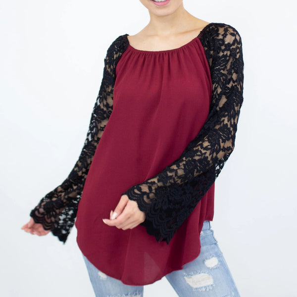Lace Sleeve Backless Top - Burgundy