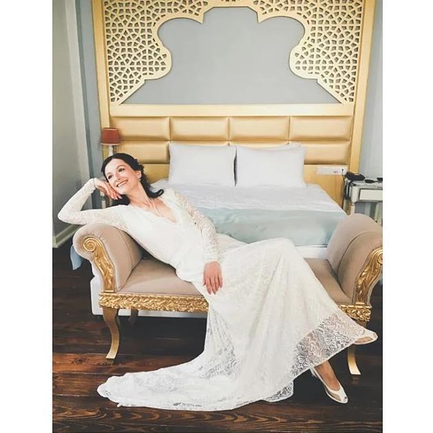 Ivory Wrap Floral Lace Long Sleeve Gown With a Train  1151