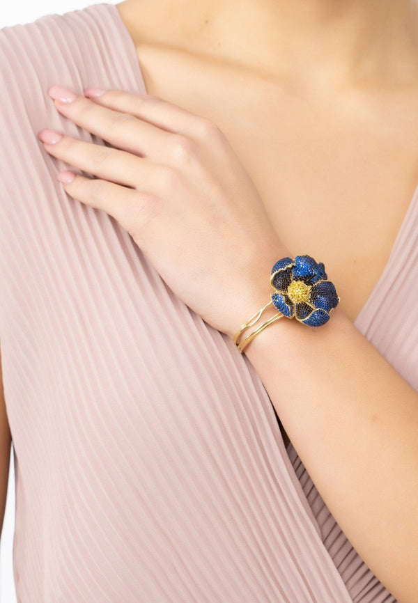 Poppy Bangle Cuff Bracelet Gold Sapphire Blue Cz