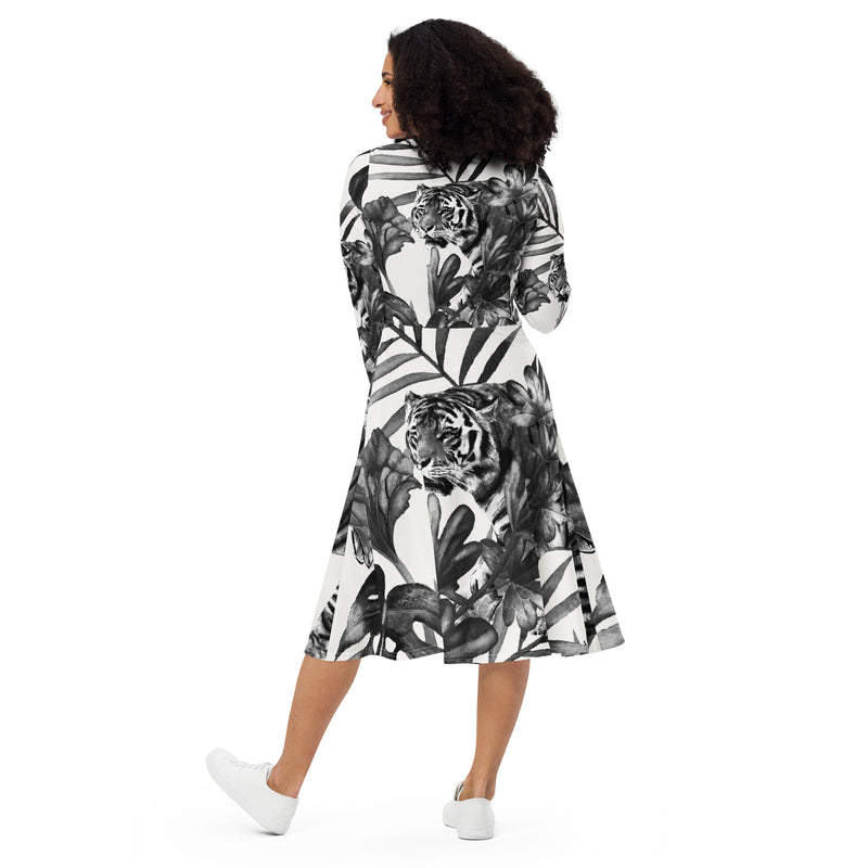 TIGER PRINT-All-over print long sleeve midi dress
