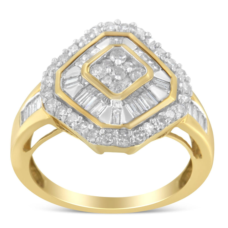 10K Yellow Gold Round and Baguette-Cut Diamond Cocktail Ring (1.0 Cttw, I-J Color, I1-I2 Clarity) - Size 8