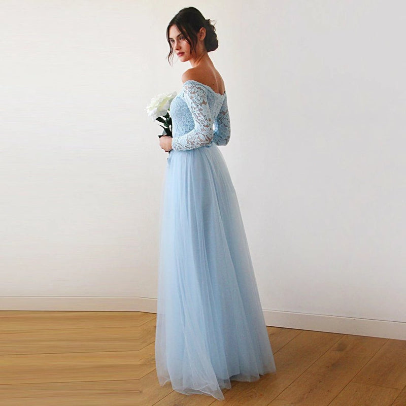 Light Blue  Off-The-Shoulder Lace and Tulle Maxi Dress 1134