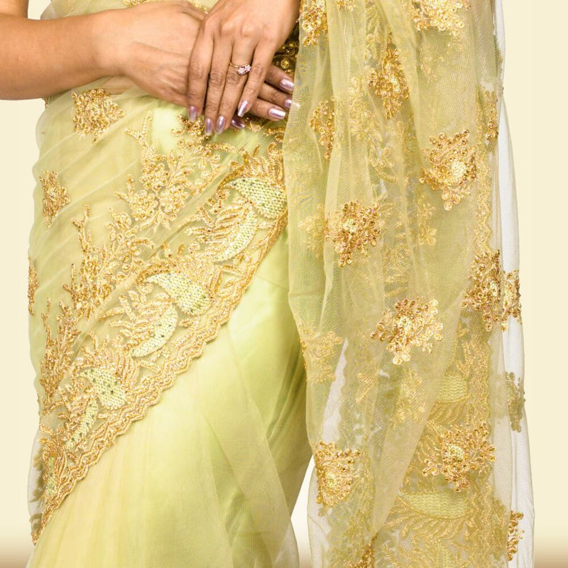 Light Weight Pure Net Embroidered Saree - Green