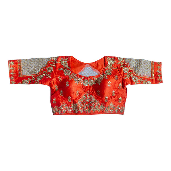 Readymade Saree Blouse With Scallop Shaped Net Embroidery  - Orange