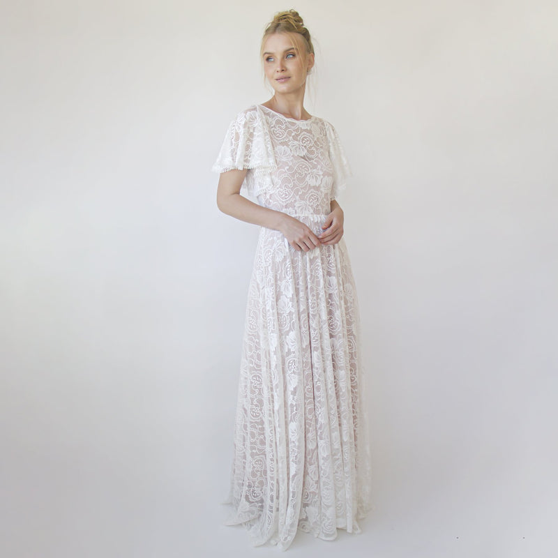 Lace Ivory Flutter Sleeve Dress , With a Separate Blush Underlining Dress  #1368