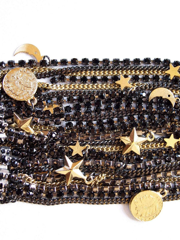 Black Ematite Jet Swarovski Crystals Cuff Bracelet With 18kt Gold Plated Charms.