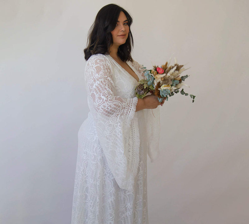 Curvy  Lace Ivory Bridal Kaftan With Fringe ,Bat Sleeves Lace Wedding Dress #1328