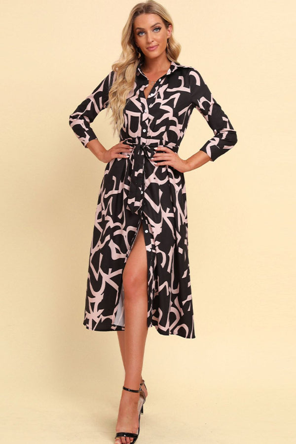 Printed Button Front Belted Midi Dress