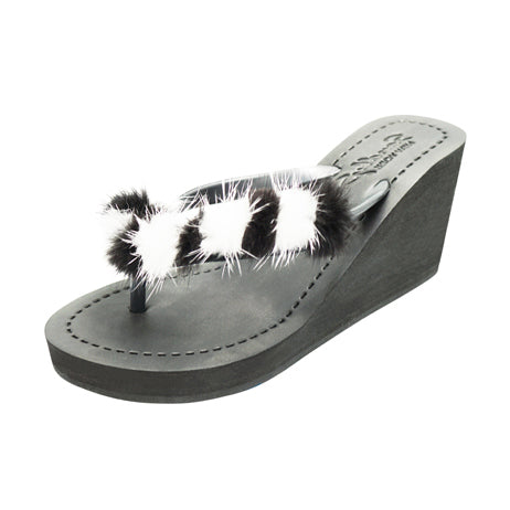 Mink_Black & White - Genuine Fur Embellished Women's  Flip Flops Sandal