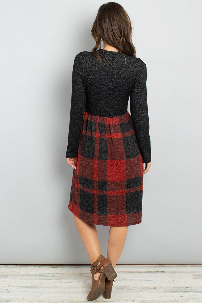 Two Toned High Neck Long Sleeves Plaid Contrast Dress
