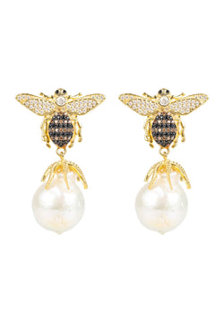 Baroque Pearl Honey Bee Drop Earring Gold