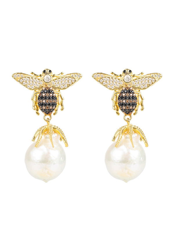 Baroque Pearl Honey Bee Drop Earring Gold