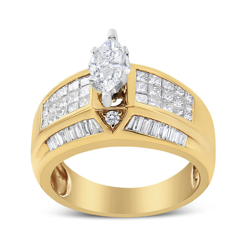 14K Yellow and White Gold 1 3/4 Cttw Round, Baguette, Princess and Pie-Cut Diamond Ring (H-I Color, SI1-SI2 Clarity)