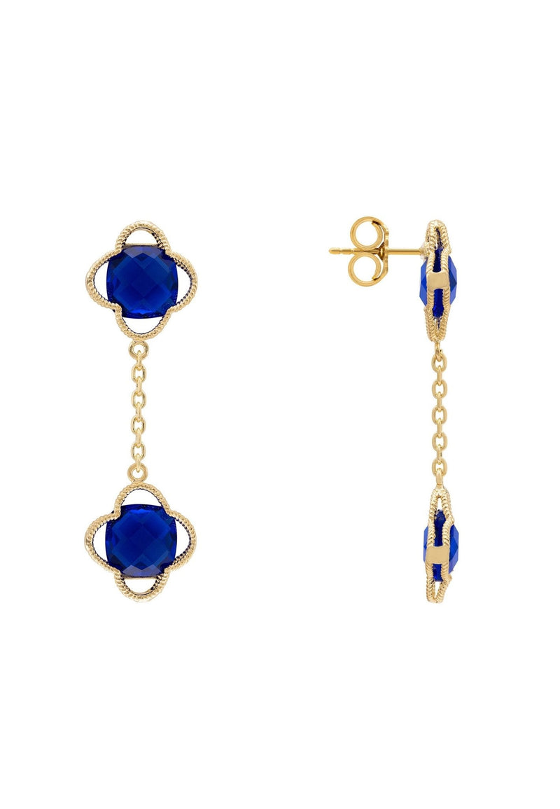 Open Clover Double Drop Earrings Gold Sapphire