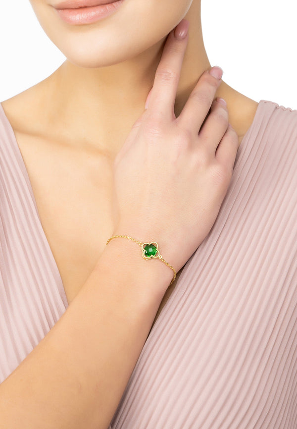 Open Clover Flower Gemstone Bracelet Gold Emerald