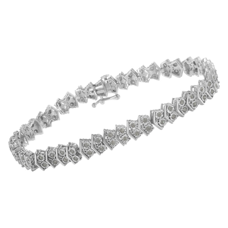 .925 Sterling Silver 1.0 Cttw Diamond "Arrow" Shape Tennis Link Bracelet  -7.25"