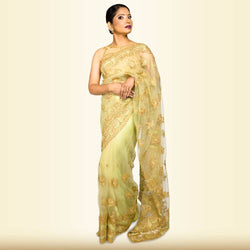 Light Weight Pure Net Embroidered Saree - Green