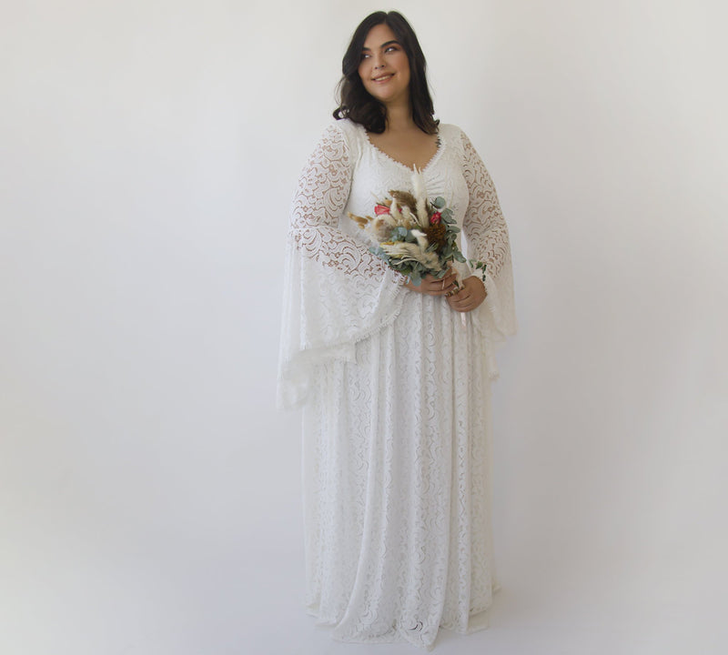 Curvy  Ivory  Lace Flare Sleeves Wedding Dress #1319