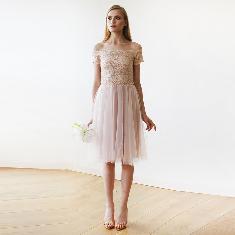 Short Wedding Dress ,Off-The-Shoulders Blush Pink Tulle & Lace Midi Dr –  Boho Jeans