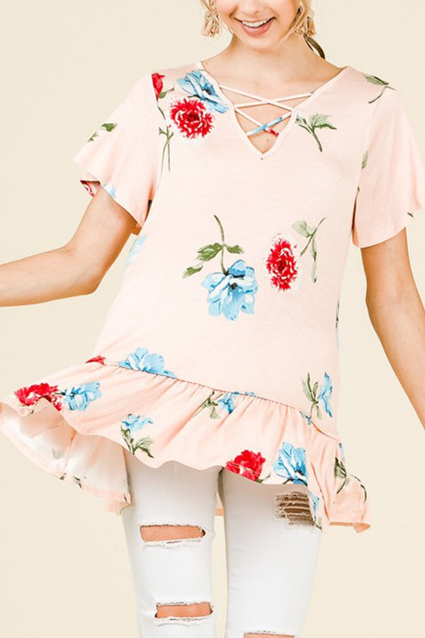 Short Sleeve V-Neck Floral Print Top