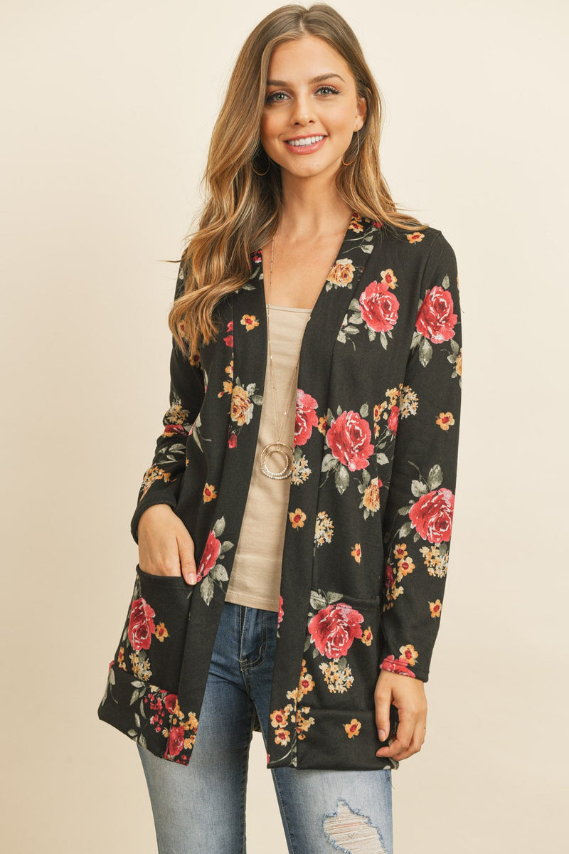 Floral Print Brushed Hacci Cardigan With Pockets