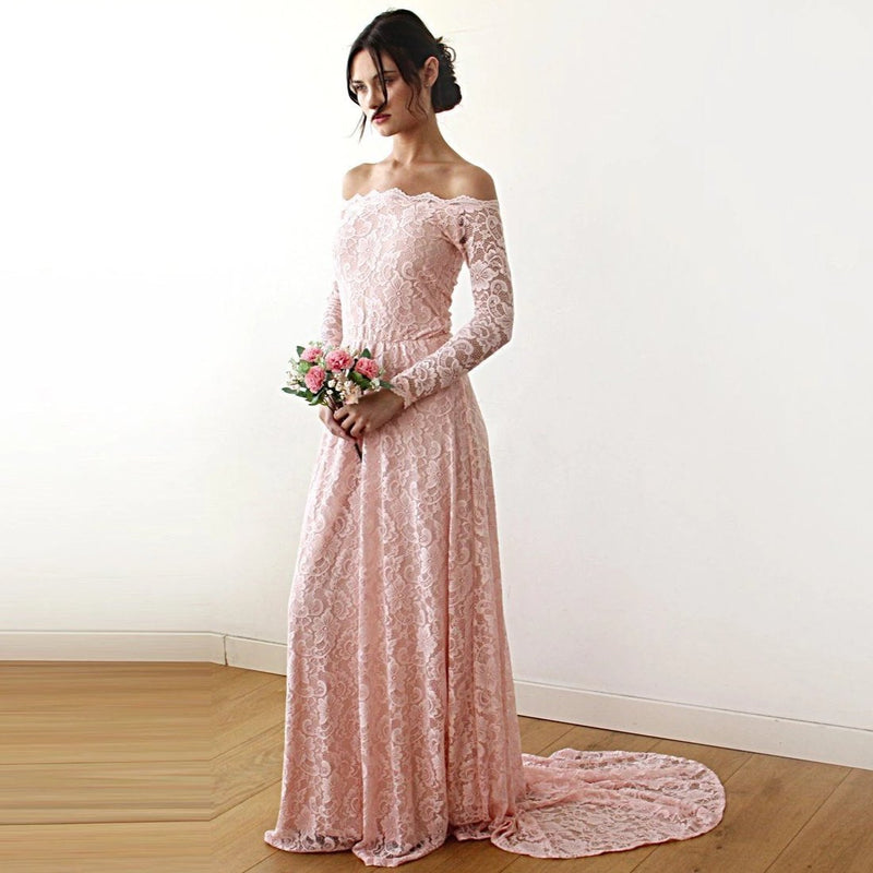 Pink Off-The-Shoulder Floral Lace Long Sleeve Gown With Train 1148