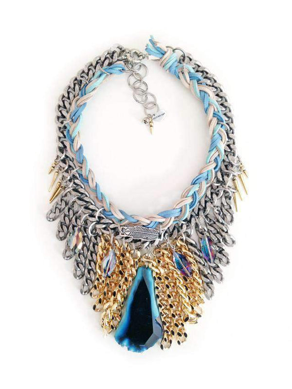 Multi Strand Necklace With Big Blue Agate Stone and Suede Leather.