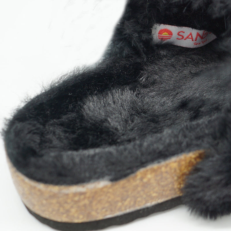 Shearling Fur Slide With Rhinestones - Black Flat Women's Sandals