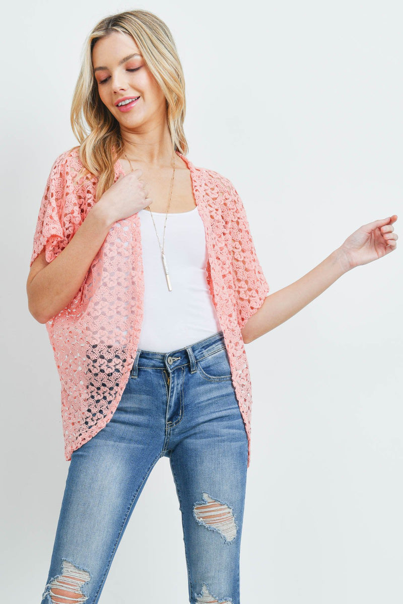 Pn231x017i1 - Pink Hip Length Crochet Kimono