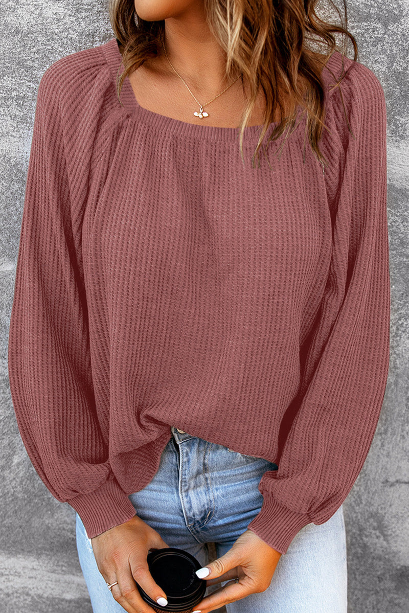 Hallie Square Neck Puff Sleeve Waffle Knit Top