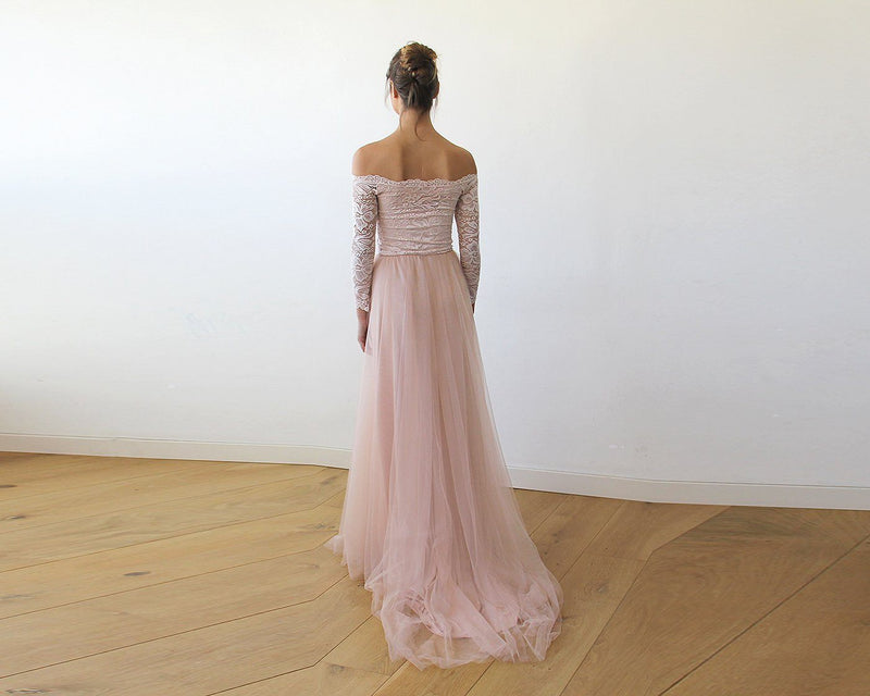 Pink Off-The-Shoulder Lace and Tulle Train Wedding Gown 1162