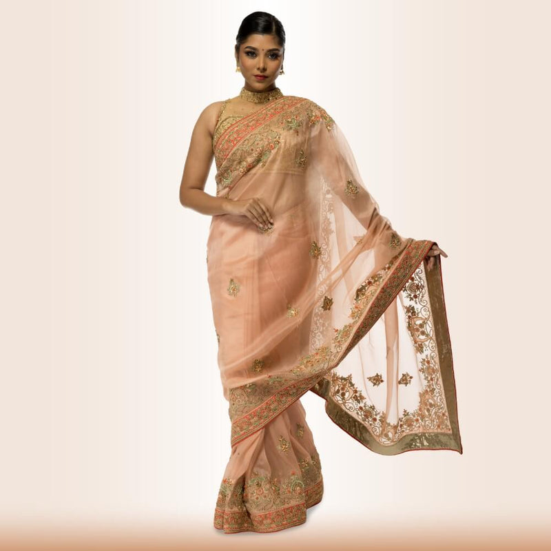 Organza Sari With Hand Embroidery - Biege