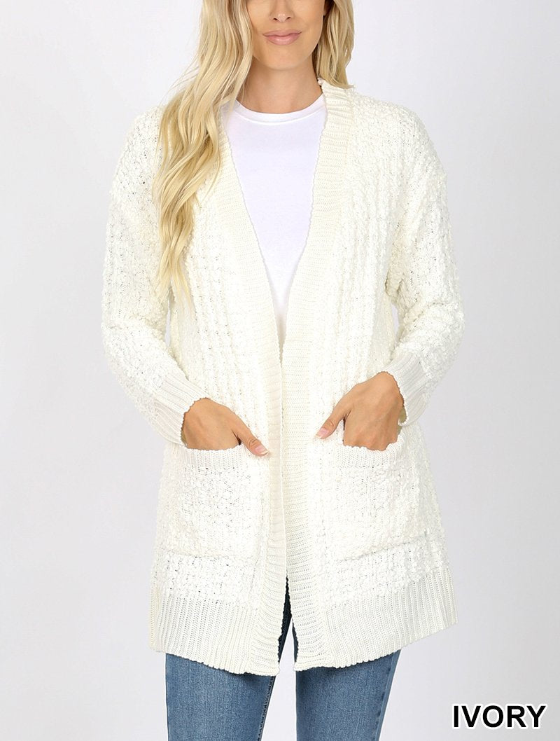 Cable Popcorn Sweater Cardigan With Pockets