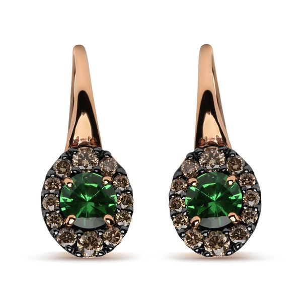 Round Diamonds and Tsavorite Gemstone Halo Drop Hoop Earrings