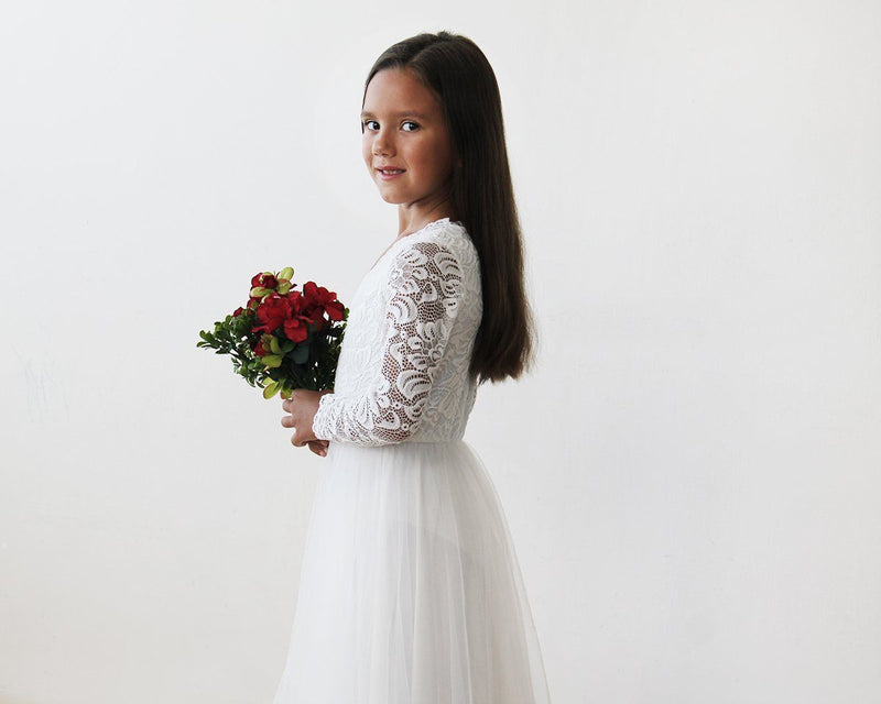 Tulle and Lace Long Sleeves Ivory Flower Girls Gown 5043
